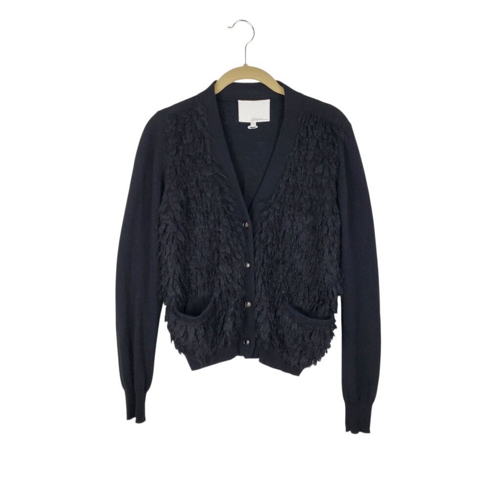 3.1 Phillip Lim Merino Wool Cardigan Black V-Neck Shag Faux Fur Womens Medium